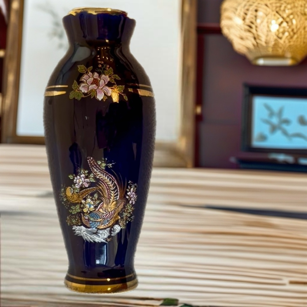 Elegant Blue and Gold Vase with Floral Design